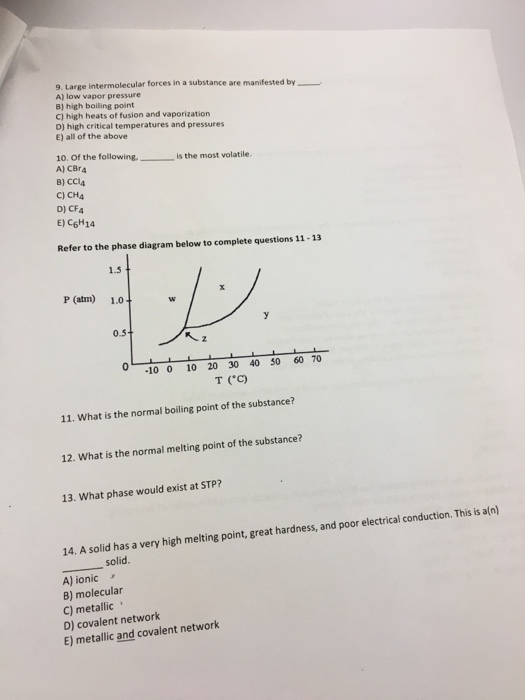 9. Large intermolecular forces in a substance A) low vapor pressure B) high boiling point C) high heats of fusion and vaporization O) high critical temperatures and pressures E) all of the above are manifested by 10. Of the following A) CBr4 is the most volatile. B) CCl4 C) CH4 D) CF4 E) C6H14 Refer to the phase diagram below to complete questions 11-13 1.5 P (atm) 1.0 0.5 0 100-1-20 30 40 50 6070 T CC) 11. What is the normal boiling point of the substance? 12. What is the normal melting point of the substance? 13. What phase would exist at STP? 14. A solid has a very high melting point, great hardness, and poor electrical conduction. This is atn) solid A) ionic B) molecular C) metallic D) covalent network E) metallic and covalent network