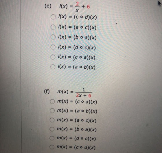(e) (x)/ = 2 + 6 х f(x) = (co d)(x) 1(x) = (a o c)(x) f(x) = (b o a)(x) O I(x) = (do c)(x) I(x) = (co a)(x) O f(x) = (a o b)(