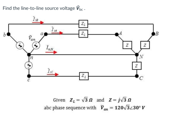 Find the line-to-line source voltage Vbc a4 an nN Given ZL=V3Ω and Z=jV3Ω abc phase sequence with an 120 330° v