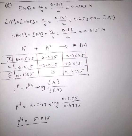 3 0.809 [HAJA = 0.4045 M cl 2 0.507 [A] = [naA] = 0.2535M=[A-] 1. V 2 o.15 =0.075 M = [HCl3 = [ht] = h V HT ( НА 0.4045 7 0-2