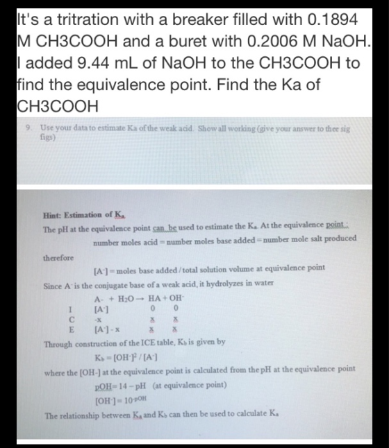 Its a tritration with a breaker filled with 0.1894 M CH3COOH and a buret with 0.2006 M NaOH. | added 9.44 mL of NaOH to the