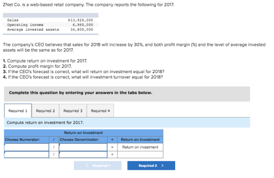 ZNet Co. is a web-based retail company. The company reports the following for 2017 Sales Operating income Average invested as