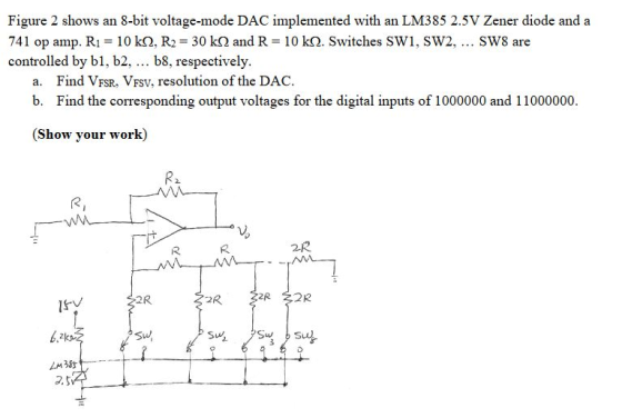 Figure 2 shows an 8-bit voltage-mode DAC implemented with an LM385 2.5V Zener diode and a 741 op amp. R1 = 10 kQ. R2 = 30 kΩ and R = 10 k(2. Switches SW1. SW2. SW8 are controlled by bl, b2,... b8, respectively a. Find VFSR, VFSv, resolution of the DAC b. Find the corresponding output voltages for the digital inputs of 1000000 and 11000000 (Show your work) R2 2R 2 6.2 Sw zm3釘 又5