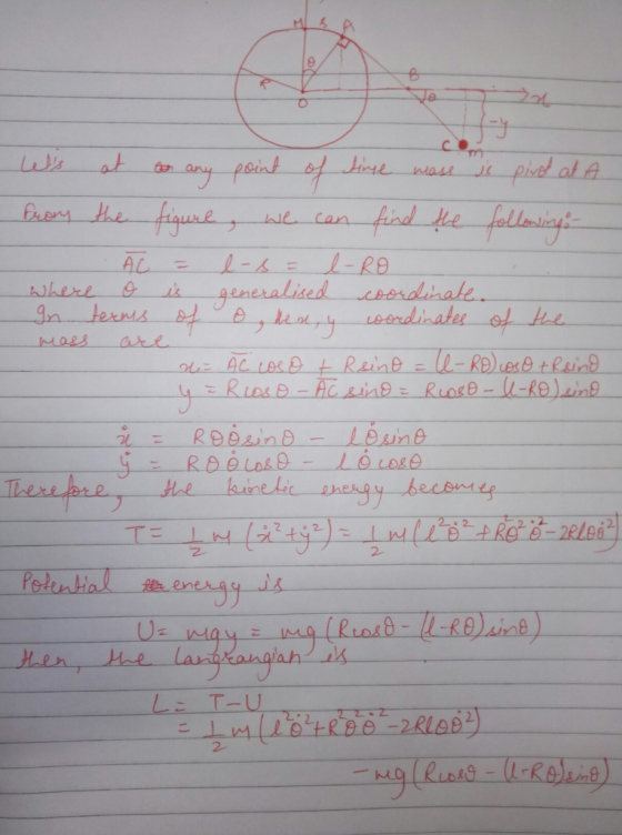Lets at for any point of time mass je pivot at A from the figure, we can find the following: - I ÁC = l-s= l-RO where o is g