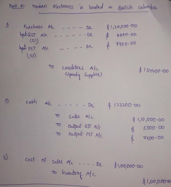 Post b Noden Plecbonics locabrd in Baitish columbia ocate sh Columb DPulchase Au Ale hpb@ST Ale 6000 oo 8100 00 1 31400-00 Suppliey 3 cosh le 123200 00 To sala Ale t IO 00O oo SSDo 0o 700 , 00 TO Output GST Output. PST 서 3) cost of sale,HU DL 1 00,000. 00 L,0o poDw