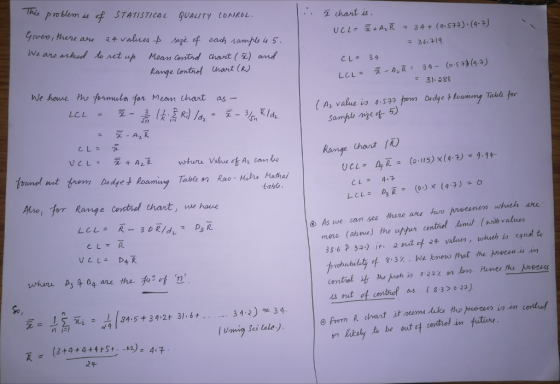 This pro blem is 呼 STATISTICAL 9UAUTytoNROL chant is . we are a shed to Met ut Mean Centnd chart(%) and CLA 39 Range lentrief wart (n bvle haue hu fomula fer mean thant as - 3-288 Tahe for Az R hont laht Mso, for Range cortref chant, e haue As we can see thure are two preresnen which au where A3404 are the和2ofD ts orut of contre as (830 29) lUmig Sci ale) n Libaly to be out of verthel in futine 24-
