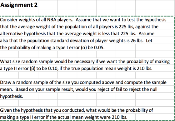 Assignment 2 Consider weights of all NBA players. Assume that we want to test the hypothesis that the average weight of the population of all players is 225 lbs, against the alternative hypothesis that the average weight is less that 225 lbs. Assume also that the population standard deviation of player weights is 26 lbs. Let the probability of making a type I error (a) be 0.05. What size random sample would be necessary if we want the probability of making a type Il error (B) to be 0.10, if the true population mean weight is 210 lbs. Draw a random sample of the size you computed above and compute the sample mean. Based on your sample result, would you reject of fail to reject the null hypothesis Given the hypothesis that you conducted, what would be the probability of making a typeIlerror if the actual mean weight were 210 lbs.__..