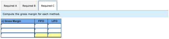 Required A Required B Required C Compute the gross margin for each method. c) Gross Margin FIFO L IFO