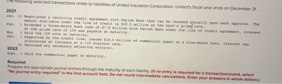 ine tollowing selected transactions relate to liabilities of United Insulation Corporation. Uniteds fiscal year ends on Dece
