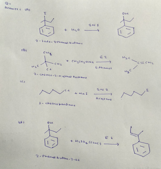 Answert (A) SN1 [-] & Hao 2- Iodo-z-Pheny butane (B) cu Uzc -cu, E2 it CH₂ CH₂ONG Ethanot 1 . -c-CH2 H₂c 2-chloro--methyl Pro