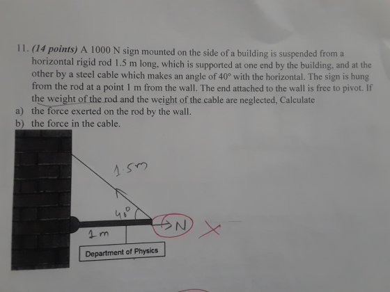 11. (14 points) A 1000 N sign mounted on the side of a building is suspended from a horizontal rigid rod 1.5 m long, which is supported at one end by the building, and at the other by a steel cable which makes an angle of 40° with the horizontal. The sign is hung from the rod at a point 1 m from the wall. The end attached to the wall is free to pivot. If the weight of the rod and the weight of the cable are neglected, Calculate a) the force exerted on the rod by the wall. b) the force in the cable. Department of Physics
