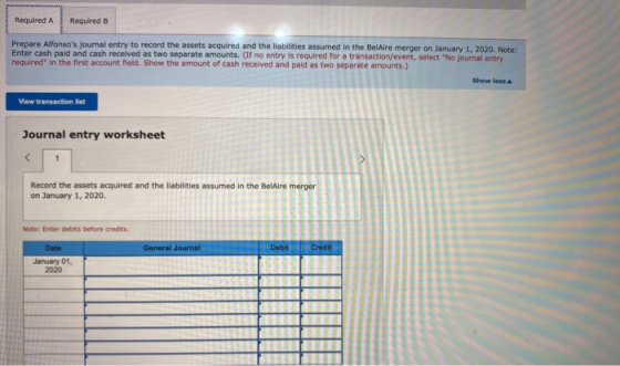 Required A Required B Prepare Alfonsos journal entry to record the assets acquired and the liabilities assumed in the BelAir