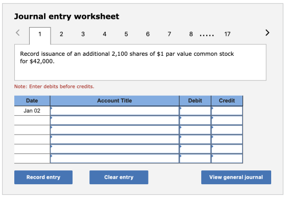 Journal entry worksheet 3 1 2 5 7 17 Record issuance of an additional 2,100 shares of $1 par value common stock for $42,000 N