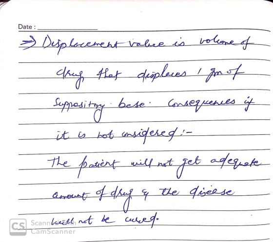 Date : * Displacement value is volume of - drug that displaces i gn of Suppository bese consequences it it is not considered