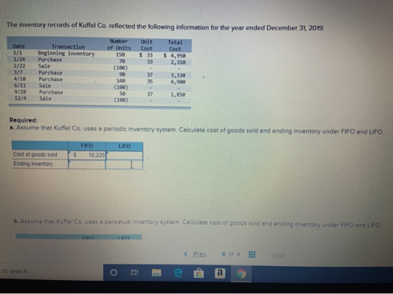 The inventory records of Kuffel Co. reflected the following information for the year ended December 31, 2019 Unit Cost $33 33
