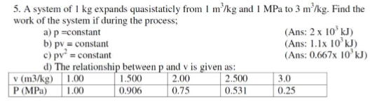 5. A system of I kg expands quasistaticly from I mkg and I MPa to 3 mkg. Find the work of the system if during the process a) p-constant b) pvconstant c) pv constant d) The relationship between p and v is given as: (Ans: 2 x 10o kJ) (Ans: 1.1x 10 kJ) (Ans: 0.667x 10kJ) v (m3/kg) 1.00 P (MPa) 1.00 1500 0.906 2.00 0.75 2.500 0.531 3.0 0.25