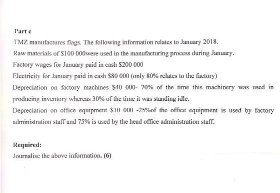 Part c TMZ manufactures flags. The following information relates to January 2018. Raw materials of $100 000were used in the m
