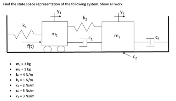 Find the state space representation of the following system. Show all work. m2 • m1 = 3 kg • m2 = 1 kg kı = 4 N/m k2 = 1 N/m
