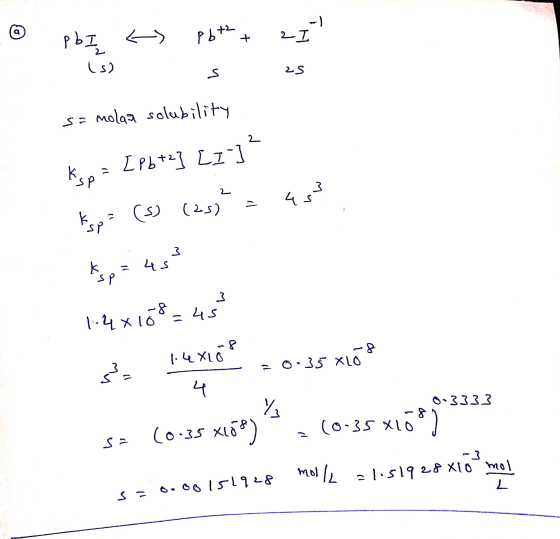 pbI & pbt² + 21 s 25 sa molar solubility nt Ksp = [ Pb+e] L1] Espaz (3) (23)+= 45? . esp = 4.83 nt کے 1-4X152 = 45 HUXLOP 20