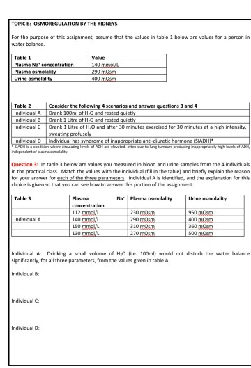 TOPIC : OSMOREGULATION BY THE KIDNEYS For the purpose of this assignment, assume that the values in table 1 below are values