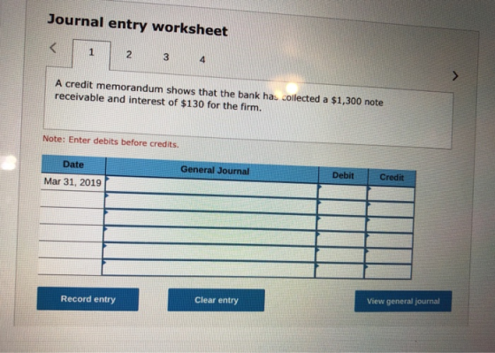 Journal entry worksheet A credit memorandum shows that the bank has collected a $1,300 note receivable and interest of $130 f