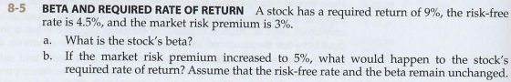 8-5 BETA AND REQUIRED RATE OF RETURN A stock has a required return of 9%, the risk-free rate is 4.5%, and the market risk pre