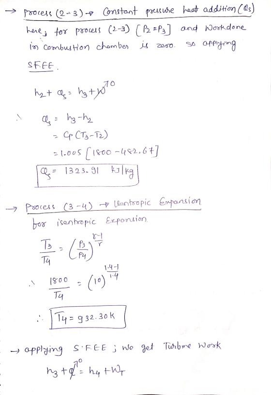 - process (2-3) Constant pressure heat addition (Qs) here for process (2-3) ( P2 =P3] and Work done in Combustion chamber is