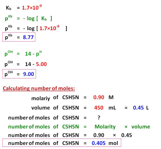 Kb = 1.7x100 pk = -log[ Kb ] pkb = - log ( 1.7x109 ] pKb = 8.77 pOH = 14 - ph pOH = 14 - 5.00 pOH = 9.00 Calculating number o
