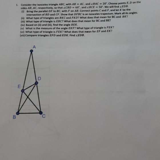 1. Consider the isosceles triangle ABC, with AB = AC, and BAC = 20. Choose points E, D on the sides AB, AC, respectively, so
