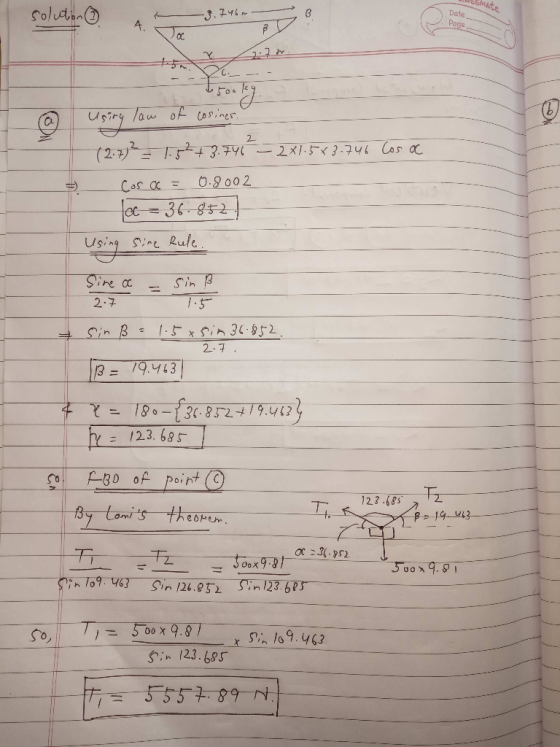 SIME solution 3.746 A Date - Page r . 7 m Usiry law of cosines. (2.7)² = 1.5² +3.746 = 2x1.5x3.746 Cos ac Cosa = 0.8002 - loc