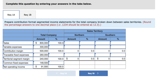 Complete this question by entering your answers in the tabs below. Req 1A Req 1B Prepare contribution format segmented income