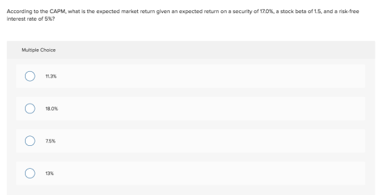 According to the CAPM, what is the expected market return given an expected return on a security of 17.0%, a stock beta of 1.