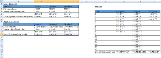 Working 1 Lease Payments 2 Particulars 3 Fair value of asset 4 Present value of annuity due 5 6 Lease payments as calculated