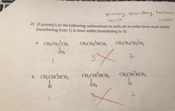 primary, secondary, tertion least 2) (3 points) List the following carbocations in each set in order from most stable (number