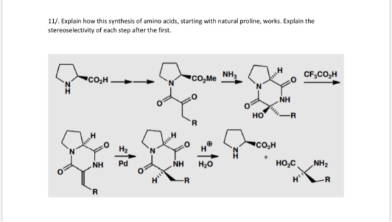 11/. Explain how this synthesis of amino acids, starting with natural proline, works. Explain the stereoselectivity of each s