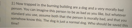 2.) Now trapped in the burning building are a dog and a very morally bad person. You can imagine this person to be as bad as
