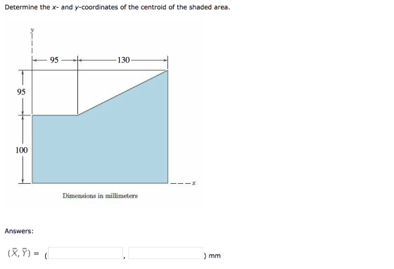 Determine the x- and y-coordinates of the centroid of the shaded area. 95 130 95 100 Dimensions in millimeters Answers: