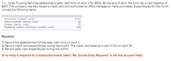 T. L. Jones Trucking Services establishes a petty cash fund on April 3 for $500. By the end of April, the fund has a cash bal