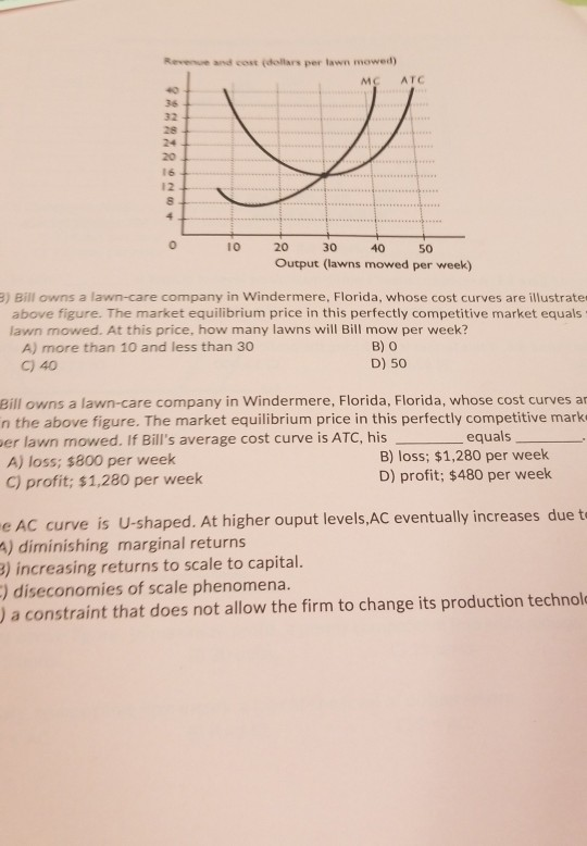 Revenue and cost (dollars per lawn mowed) ATC MC 36 32 28 20 16 12 10 20 30 40 50 Output (lawns mowed per week) 8) Bill owns