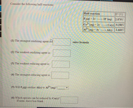 Consider the following half-reactions: Half-reaction E° (V) F2(g) + 2 —> 2F (aq) 2.870V Co2+(aq) + 2e — Co(s) -0.280V A13+(aq