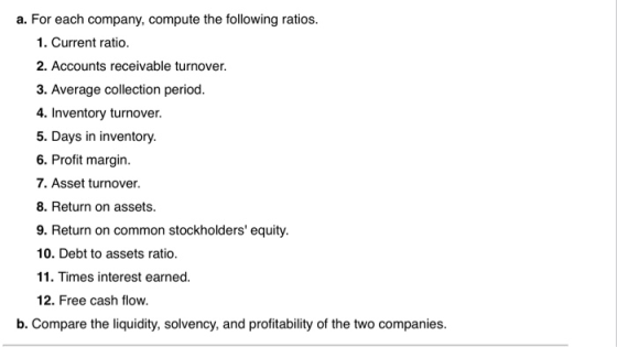 a. For each company, compute the following ratios. 1. Current ratio. 2. Accounts receivable turnover. 3. Average collection p