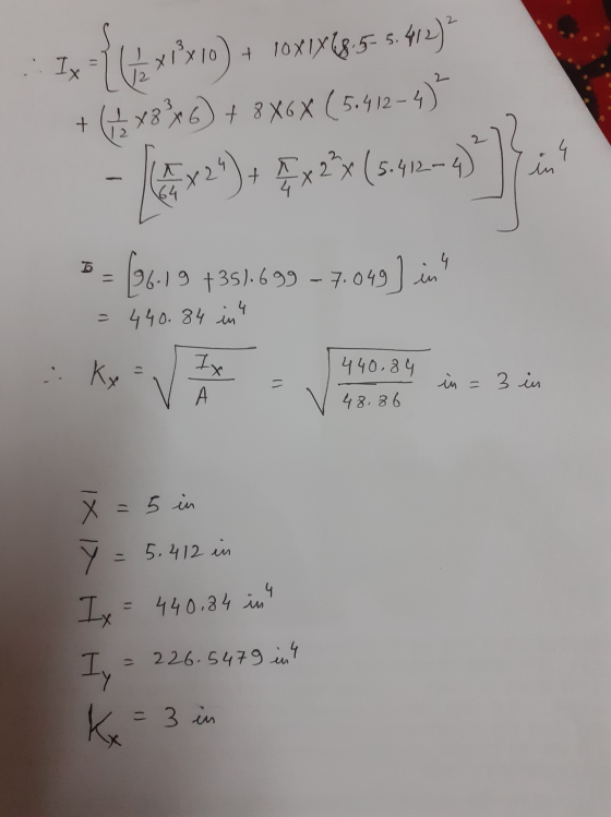 IM Ix xixo 10x1x (8.5-5.412)² +(4x846) + 8x6x (5.412-4) 2 x (5.412-4) + in >> 4 (26.19 +351.699 -7.049] in = 440.34 in 4 ::