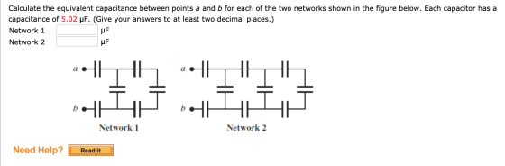 Calculate the equivalent capacitance between points a and b for each of the two networks shown in the figure below. Each capa