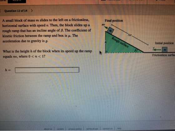Question 12 of 14 > Final position A small block of mass m slides to the left on a frictionless, horizontal surface with spee