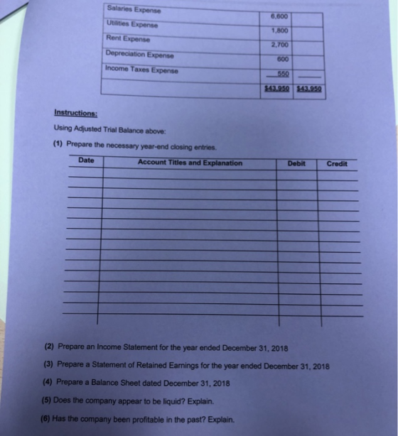 Salaries Expense Utilities Expense Rent Expense Depreciation Expense 6,600 1,800 2,700 600 552 $43.950 $43.950 Income Taxes E