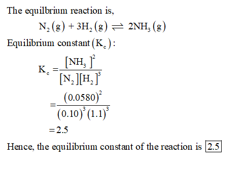 The equilbrium reaction is, N2(g) + 3H2(g) = 2NH, (g) Equilibrium constant (K): K - [NH [N][H] (0.0580) (0.10) (1.1) = 2.5 H