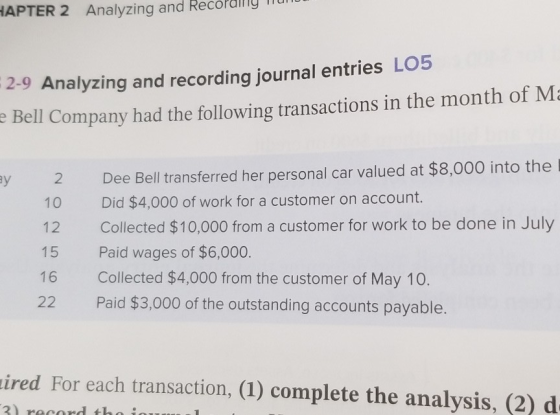 HAPTER 2 Analyzing and Recoralliy munu - 2-9 Analyzing and recording journal entries L05 e Bell Company had the following tra