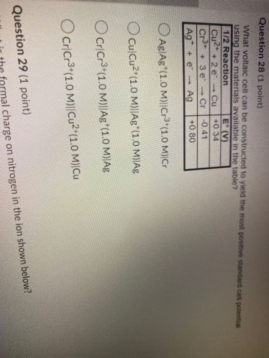 Question 28 (1 point) What voltaic cell can be constructed to yield the most positive standard cell potential using the mater