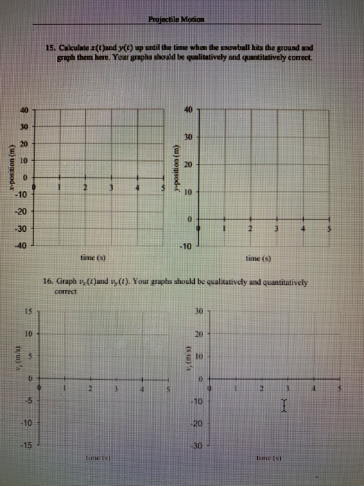 Projectile Motion 15. Calculate x(t)and y() up until the time when the snowball hits the ground and graph them here. Your graphs should be qualitatively and quantitatively correct 40 30 20 5 10 30 8 20 s A 10 -10 -20 30 -40 -10 time (s) time (s) 16. Graph v(t)and vy(t). Your graphs should be qualitatively and quantitatively 30 T 10 20 E 10 -5 -10 -15 -10 20
