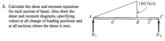 180 Ib/ft 3. Calculate the shear and moment equations for each section of beam. Also draw the shear and moment diagrams, specifying values at all change of loading positions and at all sections where the shear is zero. 6 B 3 R2